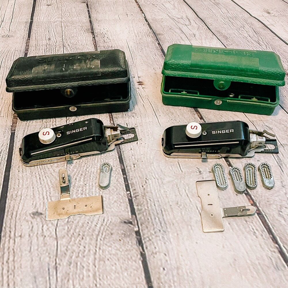 2 Vtg Singer Buttonholer Lot 160506 Extra Templates Hard Case green Black